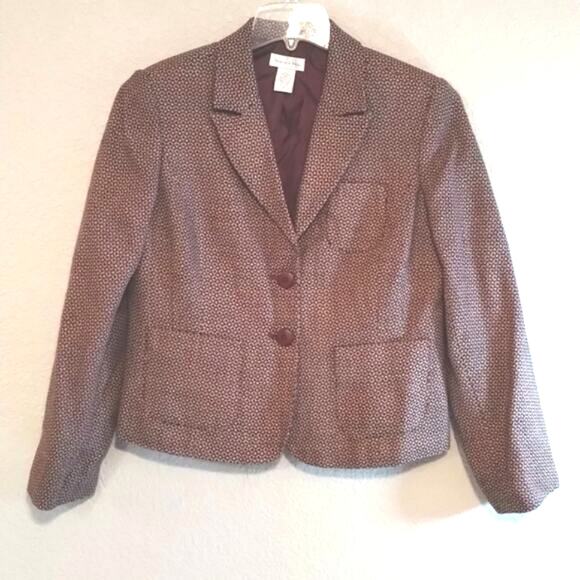 Monroe & Main Tweed Two Button Burgundy Deep Red & Cream Lined Fitted Blazer 8 - Picture 1 of 11